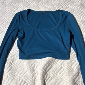 Blue Fitted Long Sleeve Crop Top